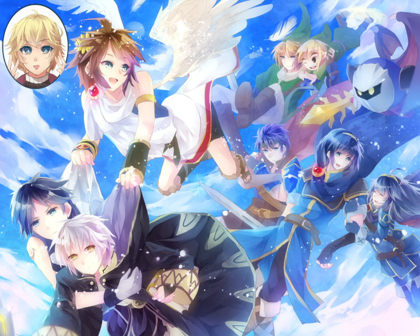 1girl, 6+boys, armor, belt, blonde_hair, blue_eyes, blue_hair, book