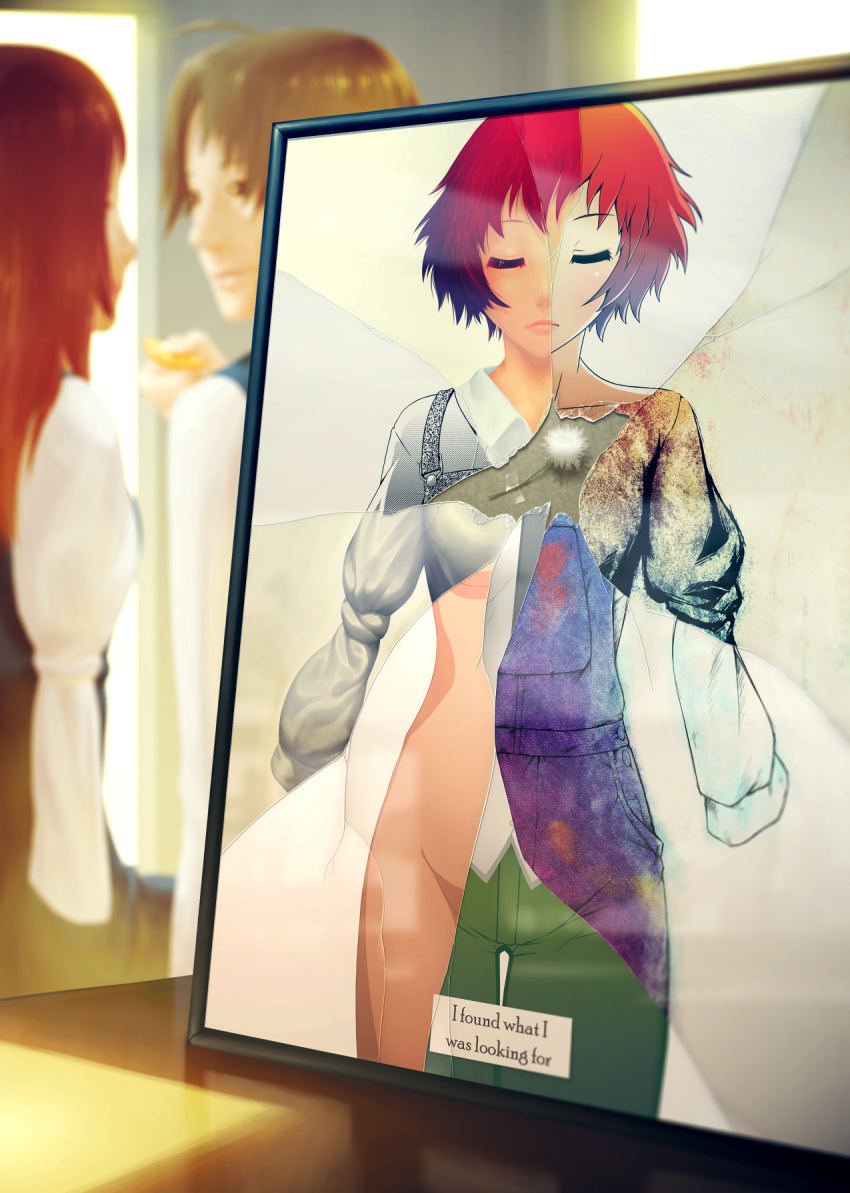 amputee, closed_eyes, highres, katawa_shoujo, mike_inel, nakai_hisao, official_art, painting_(object), redhead, revealing_cutout, short_hair, solo_focus, tezuka_rin