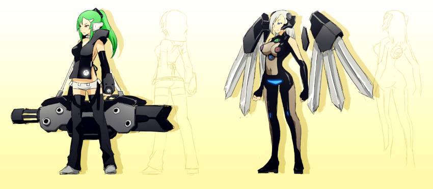 2girls, blue_eyes, bodysuit, breasts, center_opening, character_profile, detached_sleeves, floating_swords