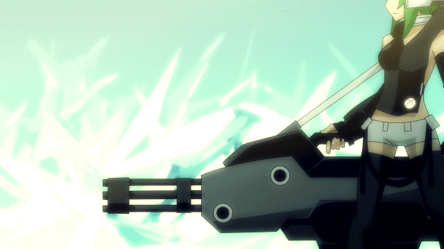 1girl, animated, animated_gif, black_legwear, detached_sleeves, firing, gatling_gun, green_hair