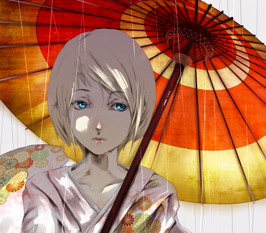 1girl, blonde_hair, blue_eyes, bust, floral_print, flower, highres, japanese_clothes