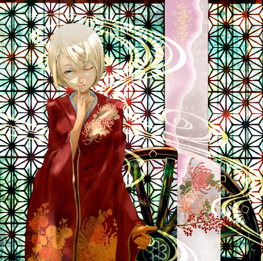 1girl, asa_no_ha_(pattern), blonde_hair, blue_eyes, branch, finger_to_mouth, floral_print, highres