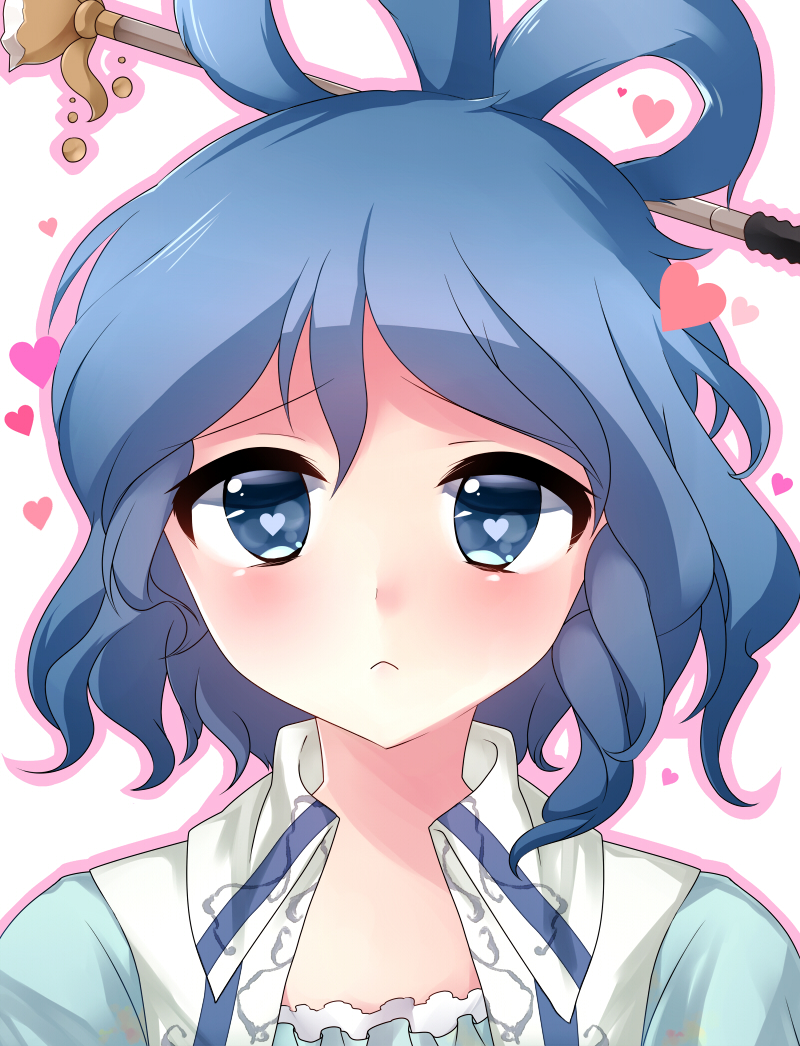 1girl, :<, blue_eyes, blue_hair, blush, hair_ornament, hair_stick, heart