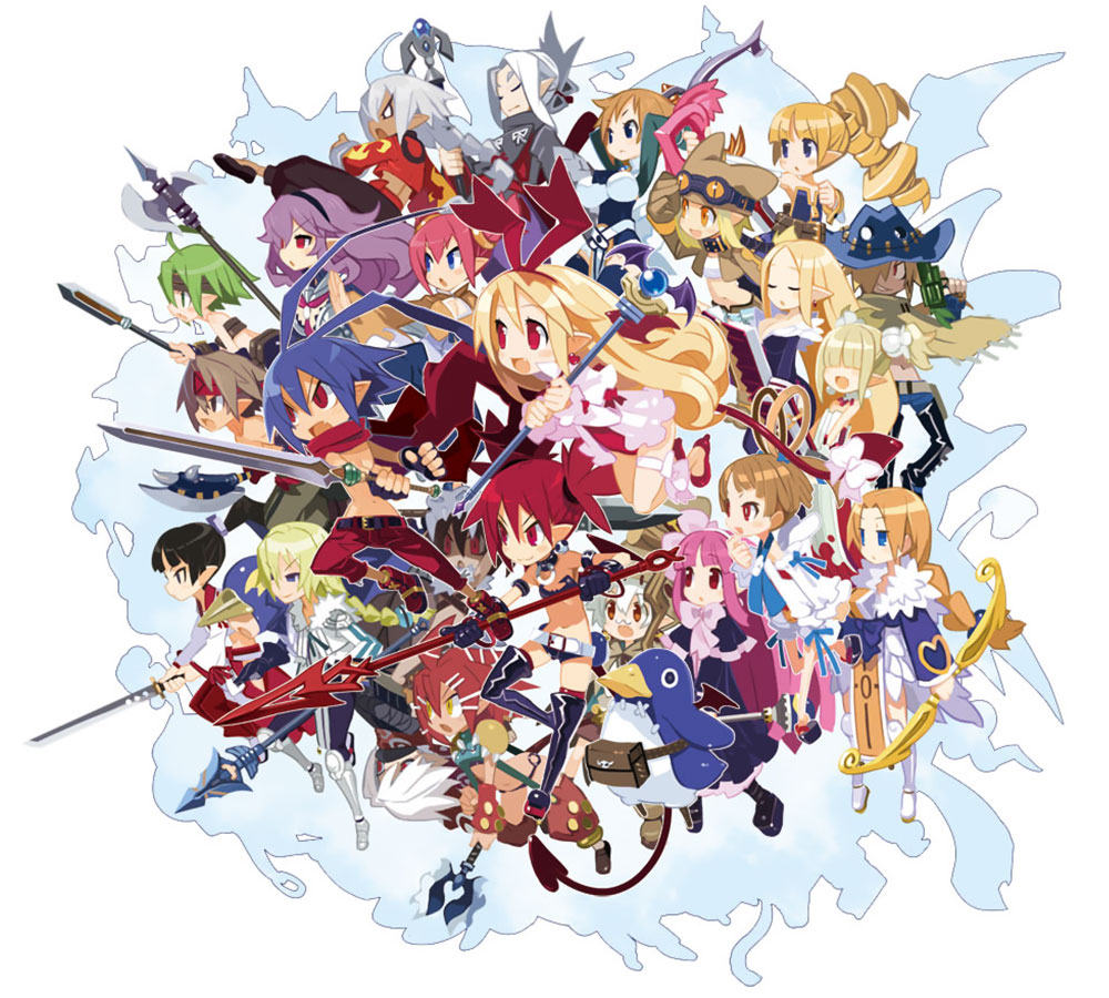 6+boys, 6+girls, :d, :o, absolutely_everyone, antenna_hair, archer_(disgaea), axe