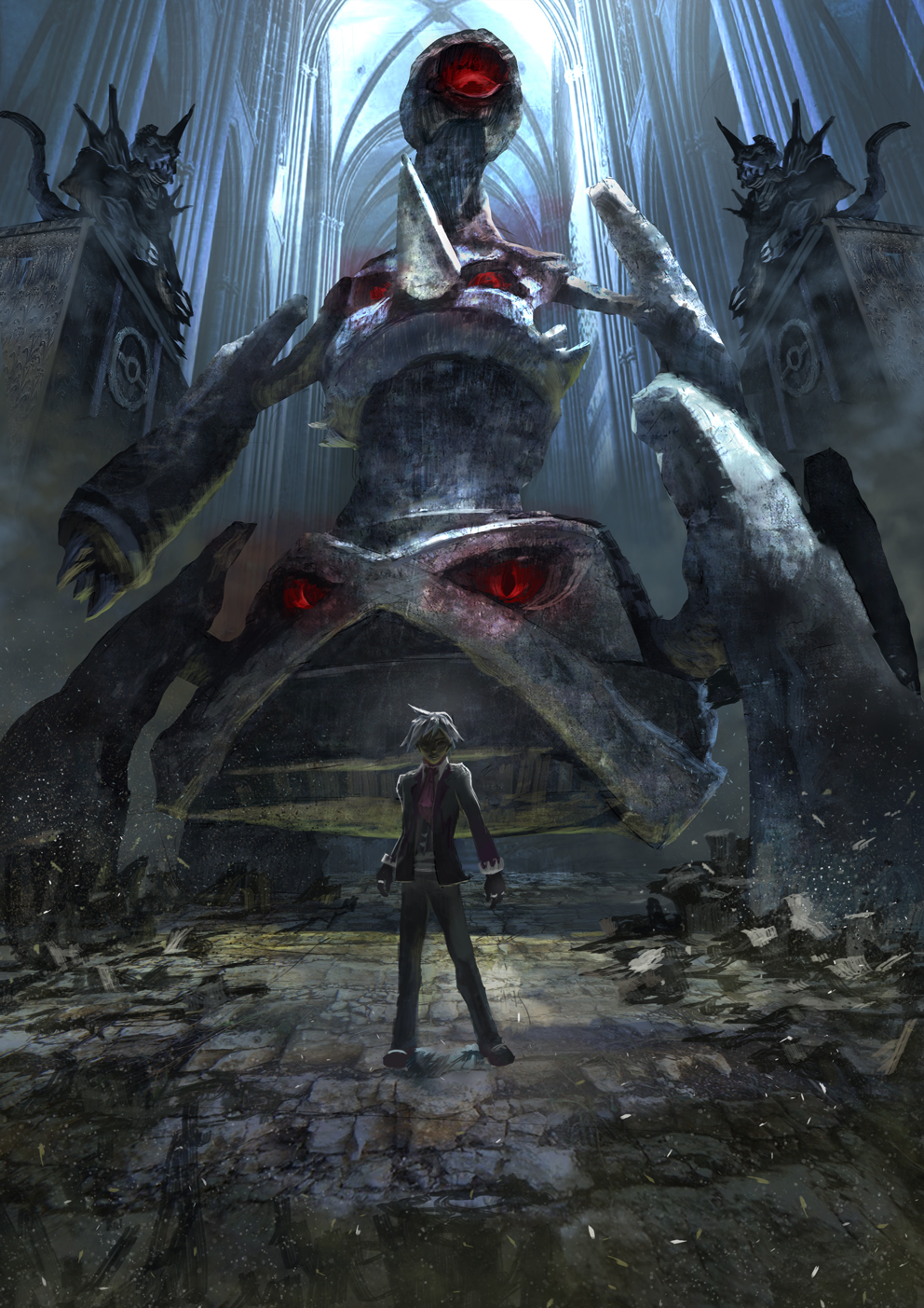 1boy, beldum, claws, emuson, glowing, glowing_eyes, highres, looking_at_viewer, mecha, metagross, metang, nidoking, pokemon, pokemon_(creature), red_eyes, silver_hair, spikes, tsuwabuki_daigo