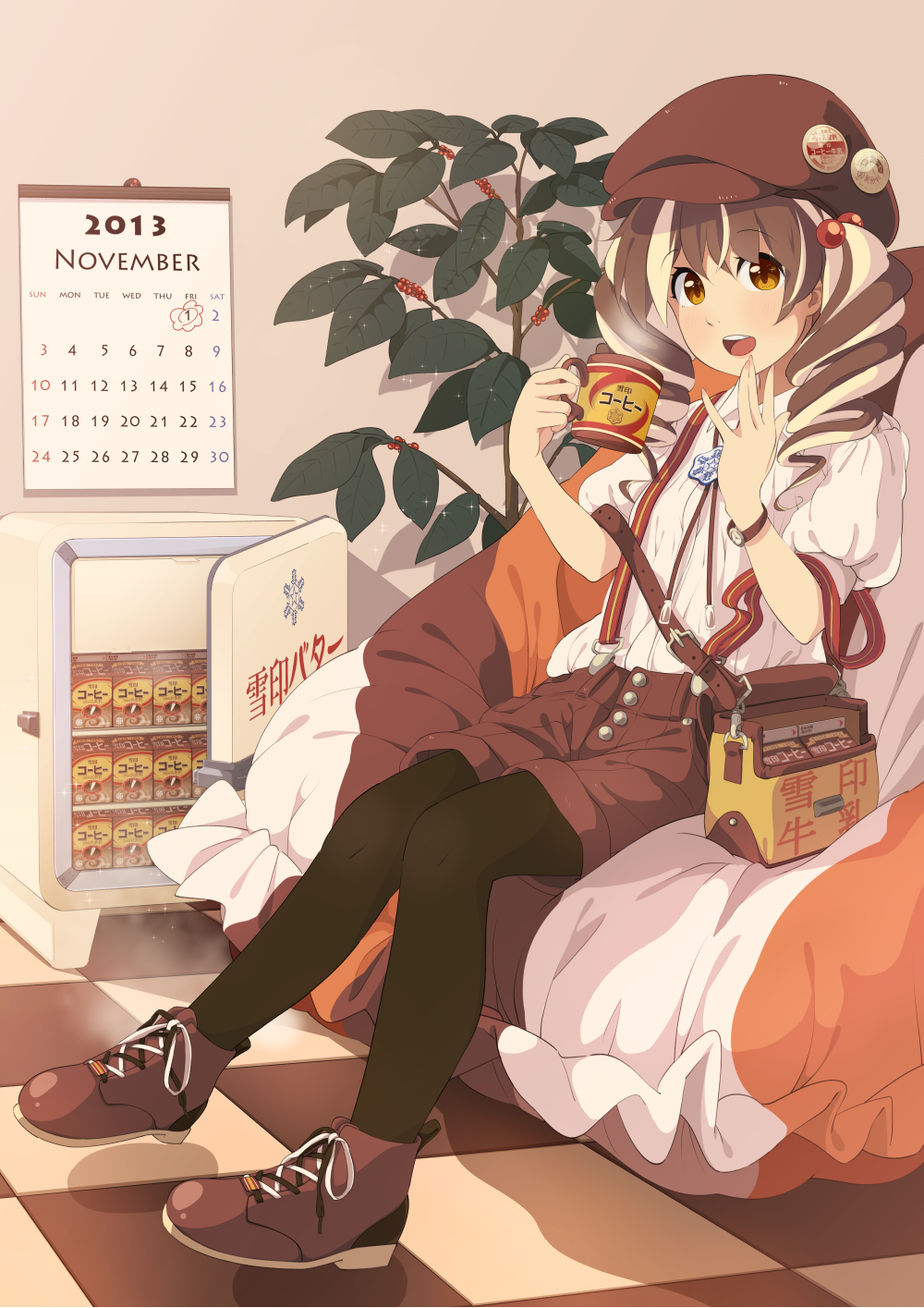 1girl, bottle, brown_eyes, brown_hair, buttons, calendar, carton, casual