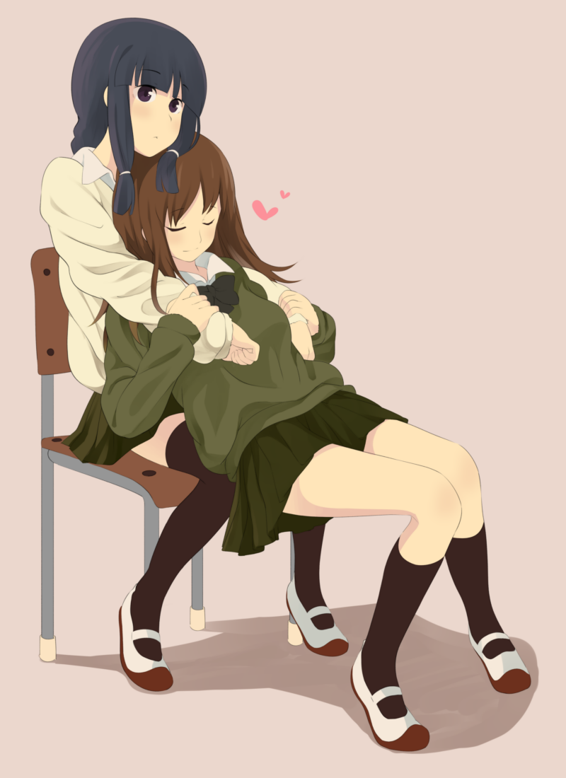 2girls, alternate_costume, bag, bangs, black_eyes, black_hair, black_legwear, blunt_bangs