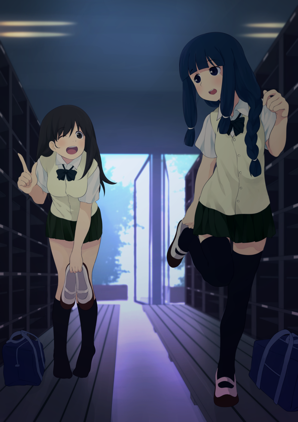 2girls, ;d, alternate_costume, bag, bangs, black_eyes, black_hair, black_legwear