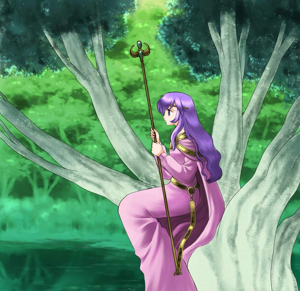 cape, circlet, diadora, diadora_(fire_emblem), dress, fire_emblem, fire_emblem:_seisen_no_keifu, fire_emblem_genealogy_of_the_holy_war, nature, purple_eyes, purple_hair, staff, tree, violet_eyes