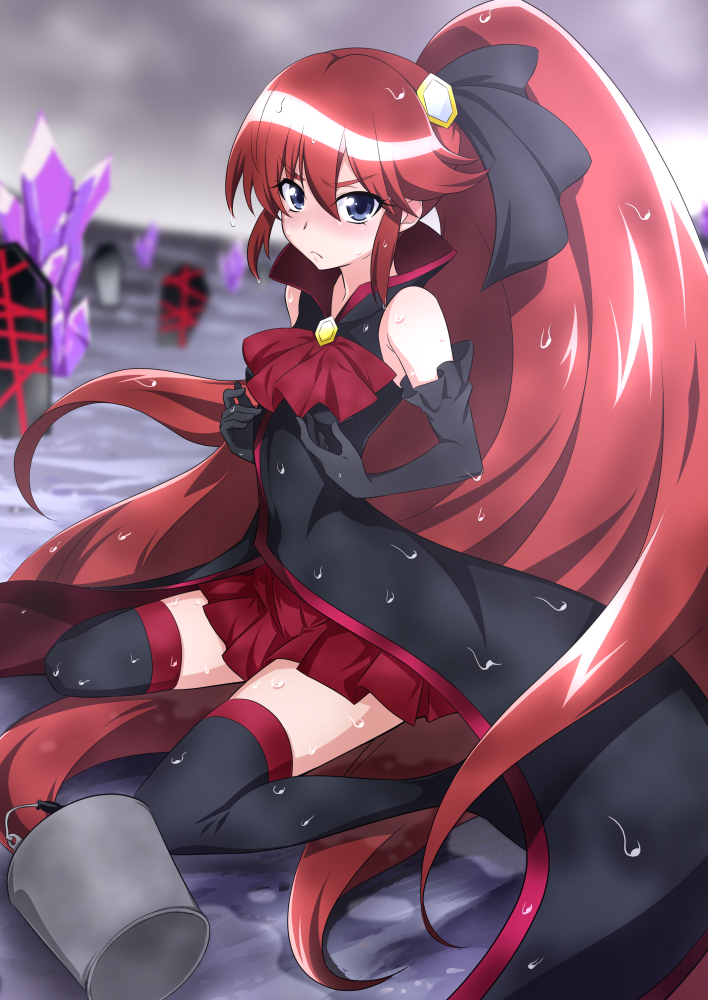 1girl, black_gloves, black_legwear, blue_eyes, blush, bucket, cosplay, crystal