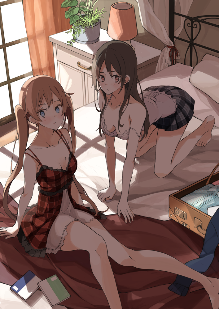 2girls, all_fours, bare_shoulders, barefoot, bed, blue_eyes, book, breasts