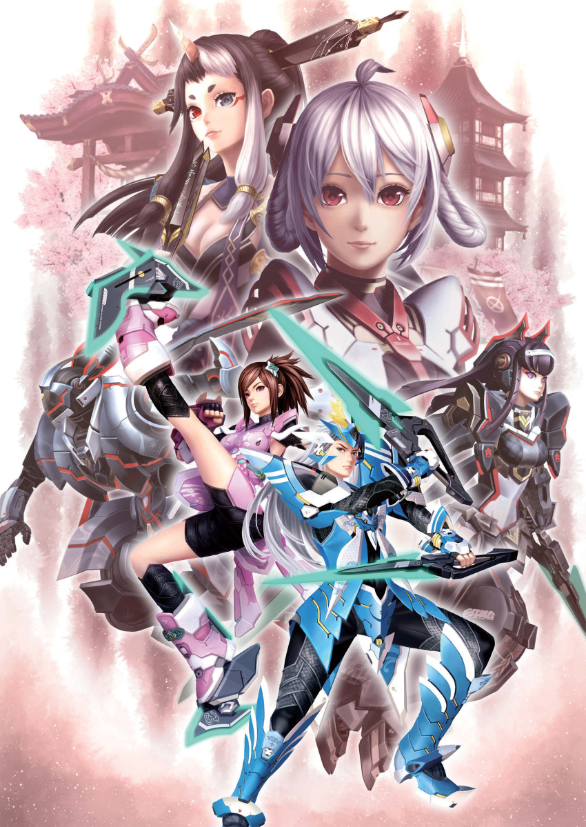 2boys, 4girls, absurdres, akikazu_mizuno, armor, brown_hair, hair_ornament, heterochromia, highres, japanese_clothes, long_hair, looking_at_viewer, multiple_boys, multiple_girls, phantasy_star, phantasy_star_online_2, red_eyes, robot, sega, sword, weapon, white_hair