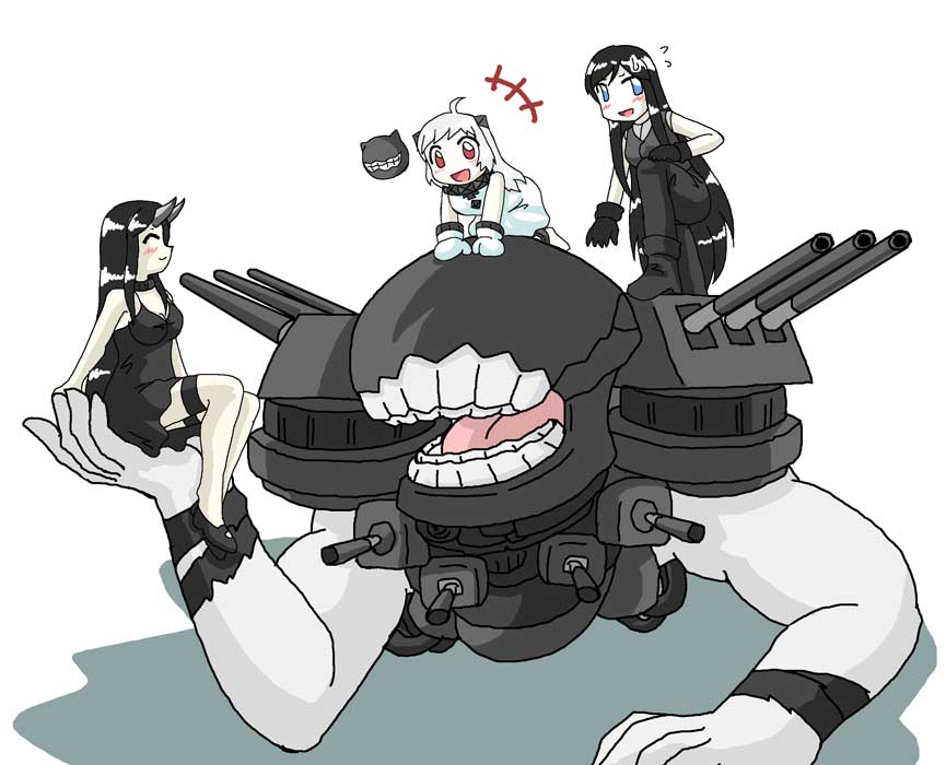 3girls, :d, ^_^, ahoge, battleship-symbiotic_hime, black_dress, black_hair, blue_eyes