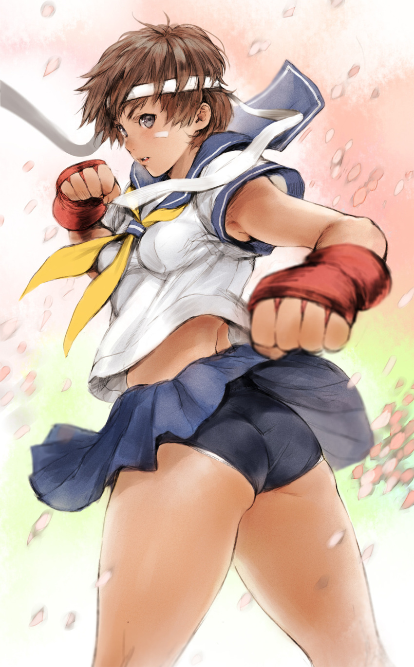 1girl, ass, bandages, blue_eyes, breasts, brown_hair, buruma, fingerless_gloves