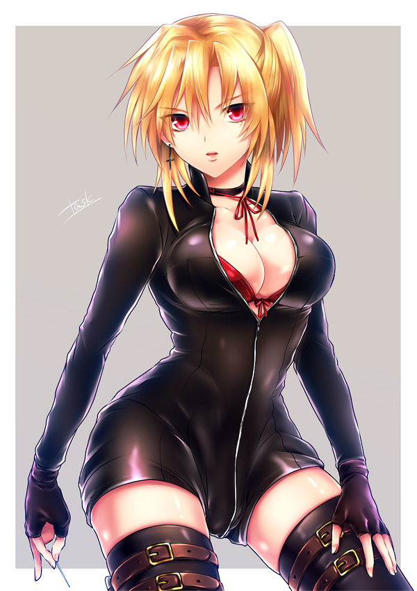 1girl, black_gloves, black_legwear, blonde_hair, bodysuit, breasts, choker, earrings