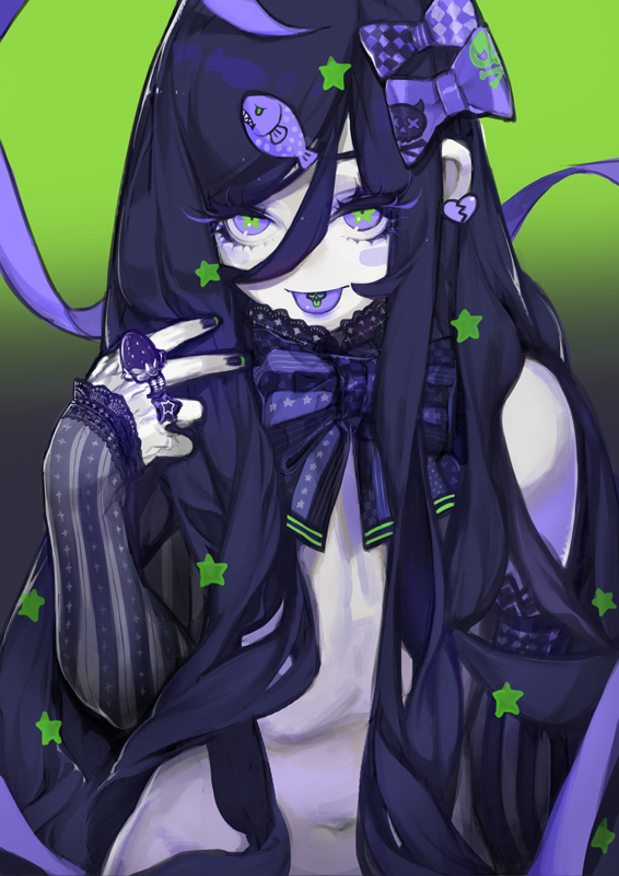 blush_stickers, bow, detached_sleeves, earrings, fish, frilled_bow, frilled_sleeves, frills, hair_bow, hair_ornament, hairclip, hujimogeo, jewelry, lavender_eyes, long_hair, original, pale_skin, purple_hair, ring, star, star-shaped_pupils, symbol-shaped_pupils, tongue, tongue_out