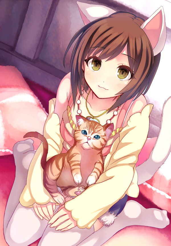 1girl, animal_ears, brown_eyes, brown_hair, cat, cat_ears, cat_tail, collarbone