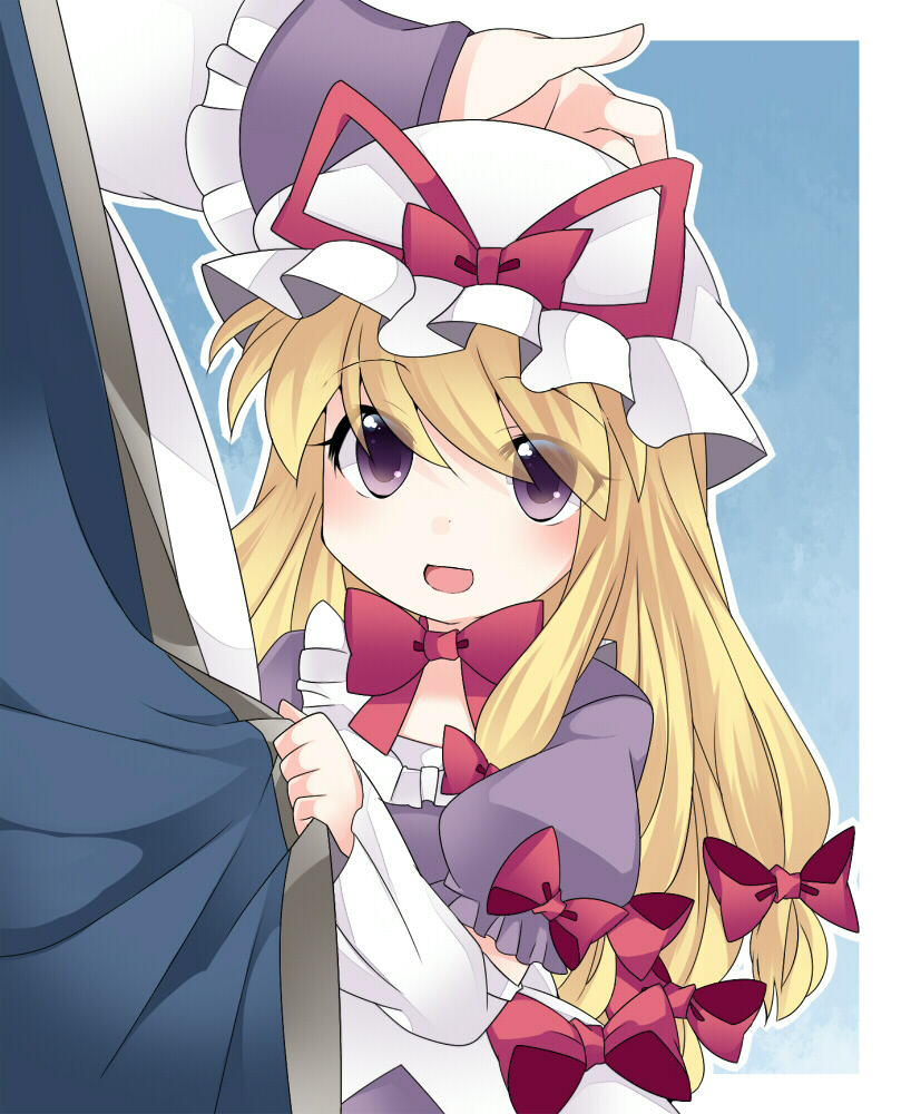 2girls, blonde_hair, child, choker, clothes_grab, commentary_request, detached_sleeves, hair_ribbon, hammer_(sunset_beach), hat, height_difference, lolikari, long_hair, mob_cap, multiple_girls, open_mouth, petting, ribbon, ribbon_choker, smile, touhou, very_long_hair, violet_eyes, yakumo_ran, yakumo_yukari, young