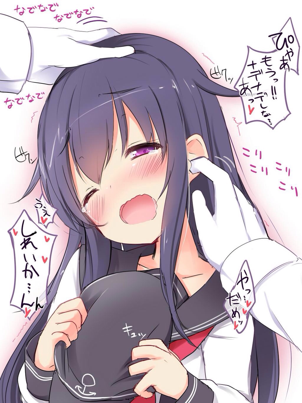 1girl, admiral_(kantai_collection), akatsuki_(kantai_collection), blush, ear_picking, flat_cap, gloves, hair_flaps