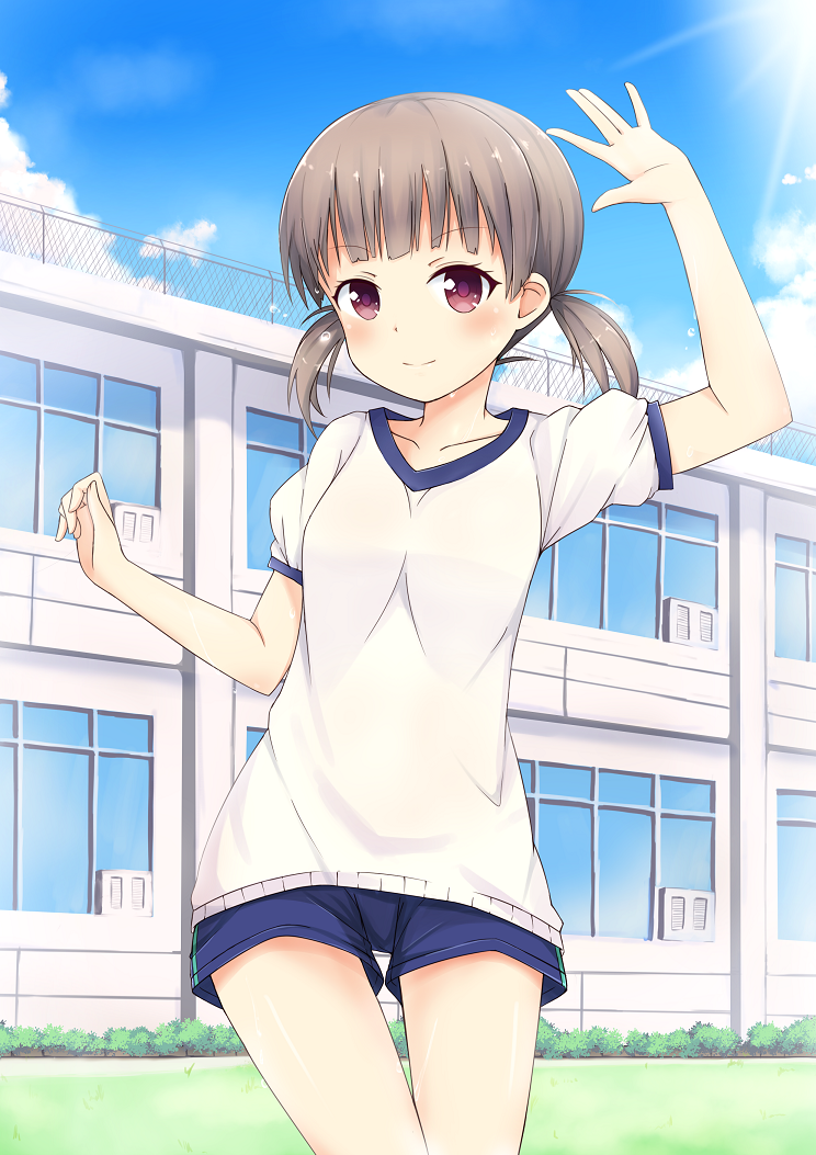 1girl, brown_hair, clouds, girlfriend_(kari), gym_shorts, gym_uniform, lens_flare, looking_at_viewer