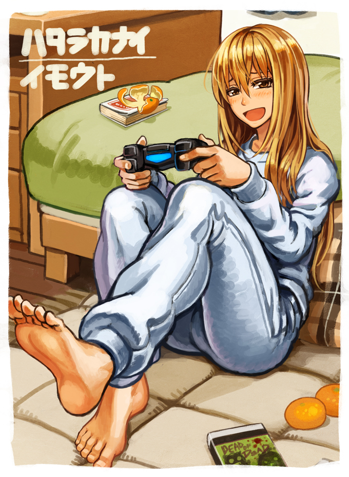 1girl, barefoot, bed, blonde_hair, book, brown_eyes, controller, dualshock
