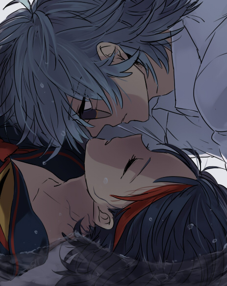 1boy, 1girl, black_hair, blue_hair, closed_eyes, couple, incipient_kiss, kill_la_kill