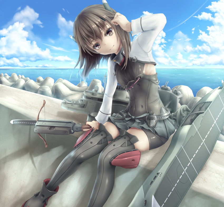 1girl, arm_up, black_legwear, boots, brown_eyes, brown_hair, clouds, highres