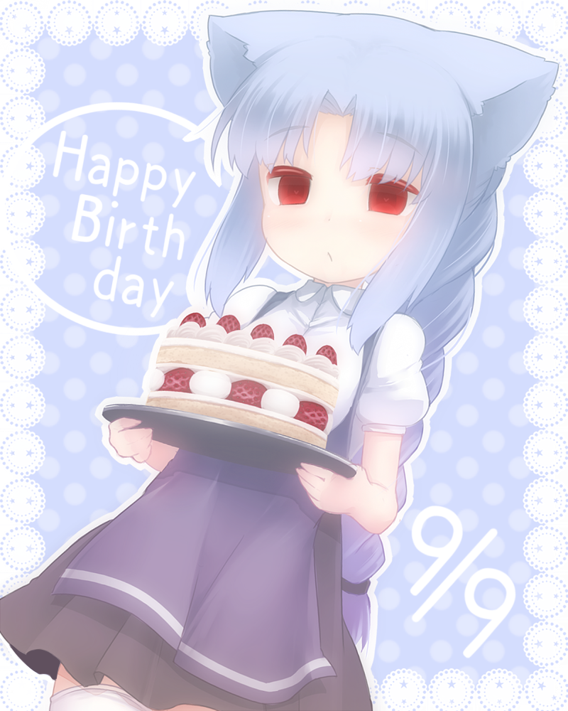 1girl, animal_ears, blue_hair, braid, cake, cat_ears, food, len, melty_blood, nightmare_cat, red_eyes, solo, thigh-highs, tsukihime
