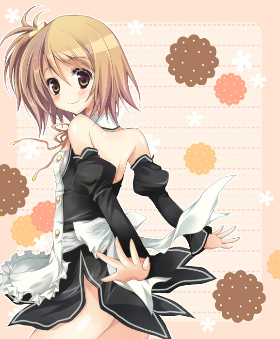 back, blush, brown_eyes, brown_hair, detached_sleeves, dream_c_club, flat_chest, hair_cubes