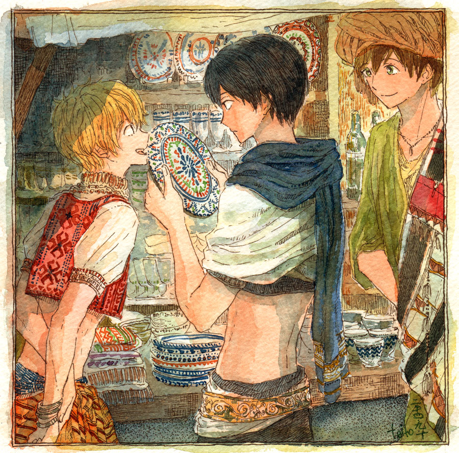 3boys, arabian_clothes, black_hair, blonde_hair, brown_hair, free!, green_eyes, hazuki_nagisa