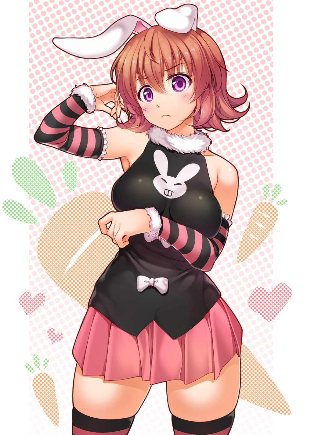 1girl, animal_ears, bare_shoulders, blush, breasts, brown_hair, carrot, chobipero, colored_stripes, detached_sleeves, frown, highres, hunter_x_hunter, piyon_(hunter_x_hunter), rabbit_ears, short_hair, skindentation, skirt, solo, striped, striped_legwear, striped_sleeves, thigh-highs, violet_eyes
