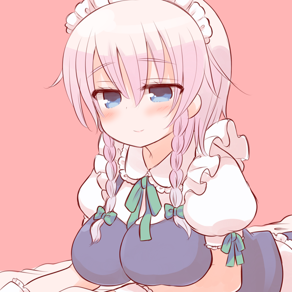 1girl, apron, blue_dress, blue_eyes, blush, braid, breast_rest, breasts, dress, hair_ribbon, izayoi_sakuya, large_breasts, light_smile, looking_away, lying, maid_apron, maid_headdress, marshmallow_mille, on_stomach, puffy_short_sleeves, puffy_sleeves, ribbon, short_hair, short_sleeves, silver_hair, solo, tareme, touhou, tress_ribbon, twin_braids