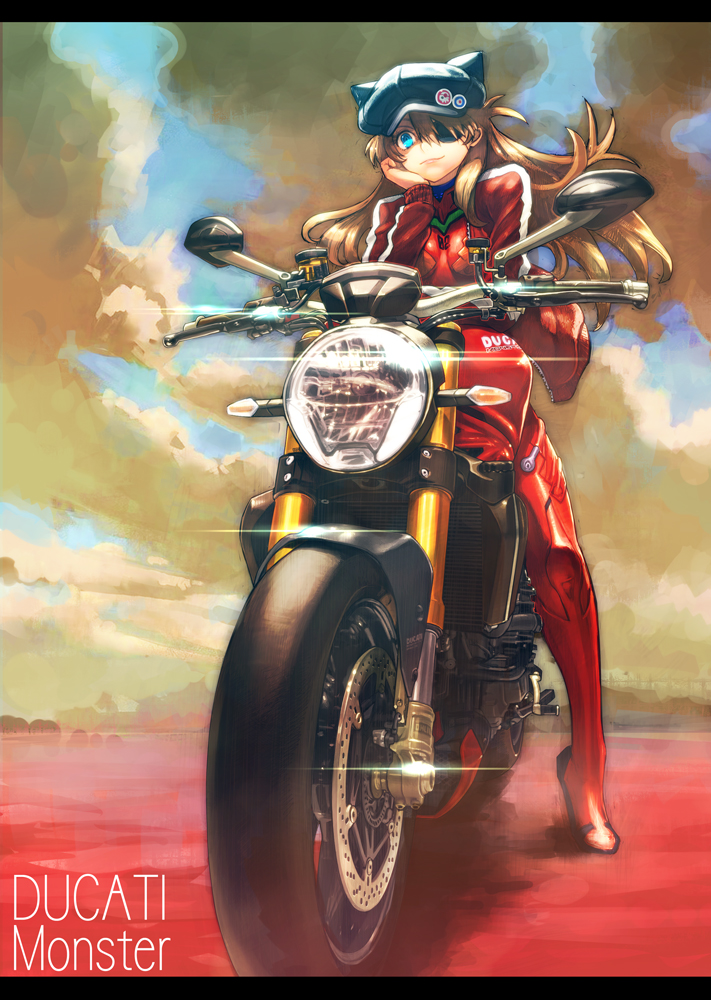 1girl, animal_hat, blue_eyes, boyaking, brown_hair, cat_hat, ducati, evangelion:_3.0_you_can_(not)_redo, eyepatch, hand_on_own_cheek, hat, letterboxed, long_hair, looking_at_viewer, motor_vehicle, motorcycle, neon_genesis_evangelion, plugsuit, rebuild_of_evangelion, shikinami_asuka_langley, smile, solo, souryuu_asuka_langley, track_jacket, vehicle
