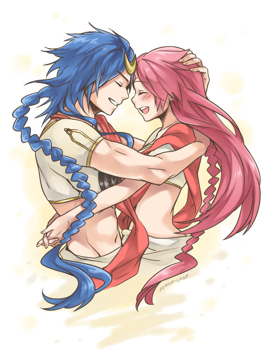 1boy, 1girl, blue_hair, blush, braid, closed_eyes, couple, forehead-to-forehead, happy, hetero, highres, hug, jewelry, long_hair, magi_the_labyrinth_of_magic, mono_land, pink_hair, sheba_(magi), single_braid, smile, solomon_jehoahaz_abraham, very_long_hair