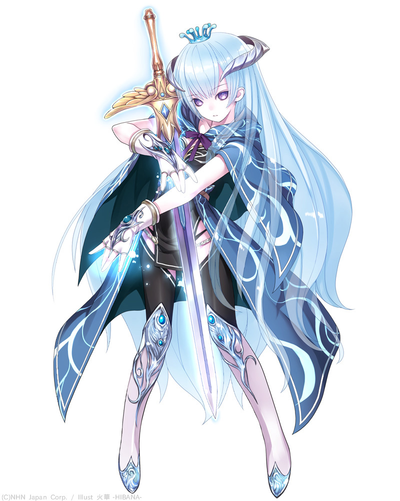 1girl, blue_hair, cape, fingerless_gloves, full_body, gloves, hibanar, horns, long_hair, looking_at_viewer, original, solo, sword, violet_eyes, weapon
