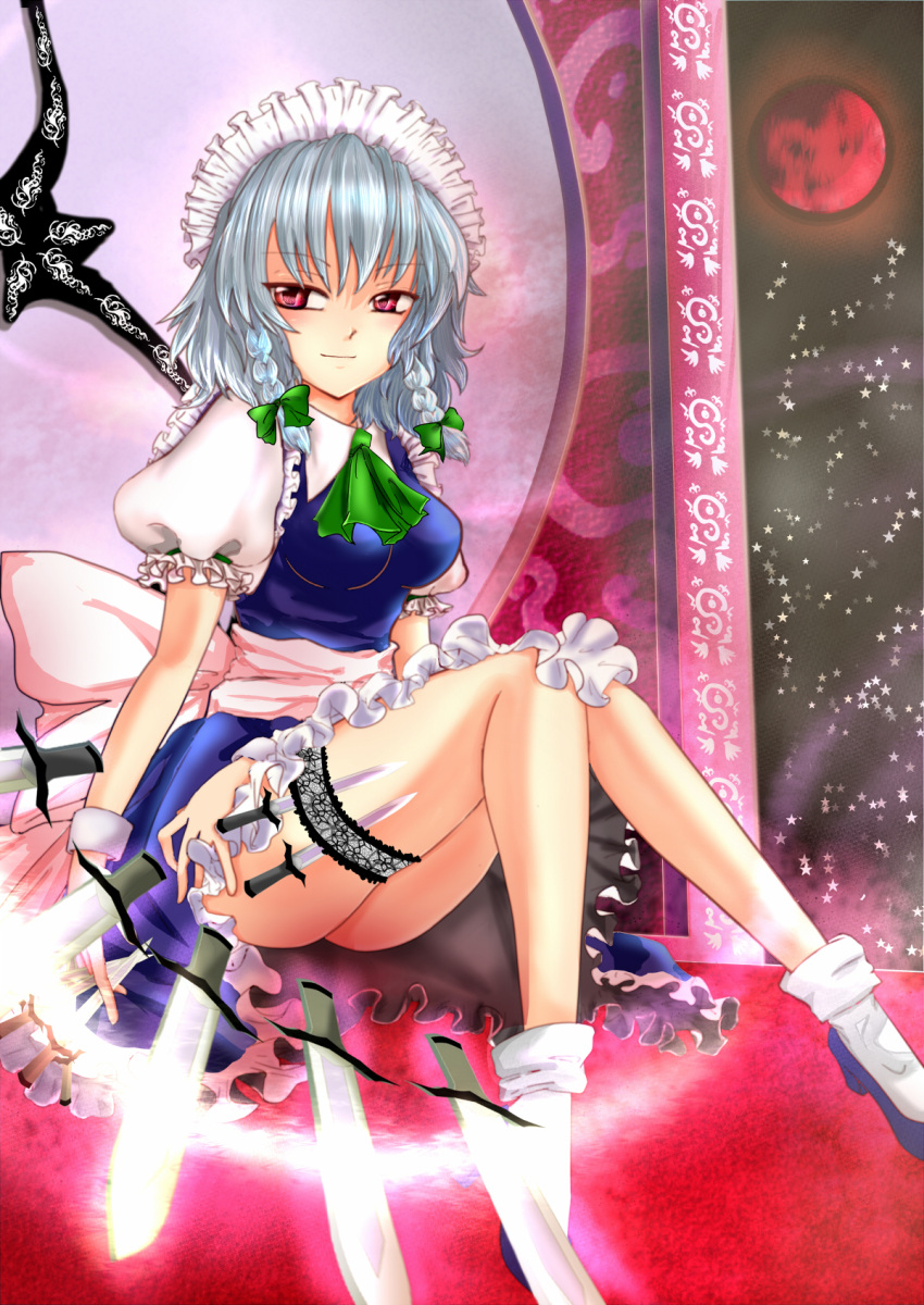 braid, garters, highres, izayoi_sakuya, knife, maid, moon, pinkrojar, red_eyes, red_moon, short_hair, silver_hair, thigh_strap, touhou, twin_braids