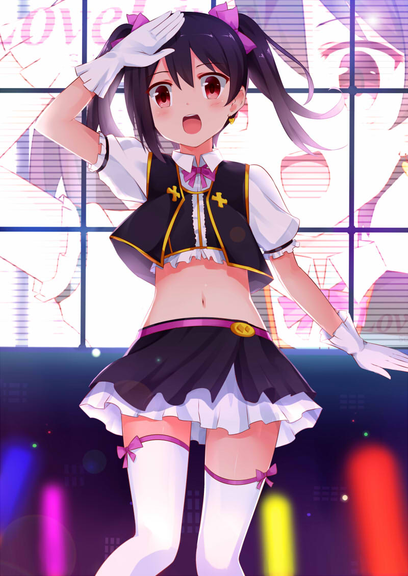 1girl, :d, arm_up, black_hair, blush, bow, copyright_name, crop_top