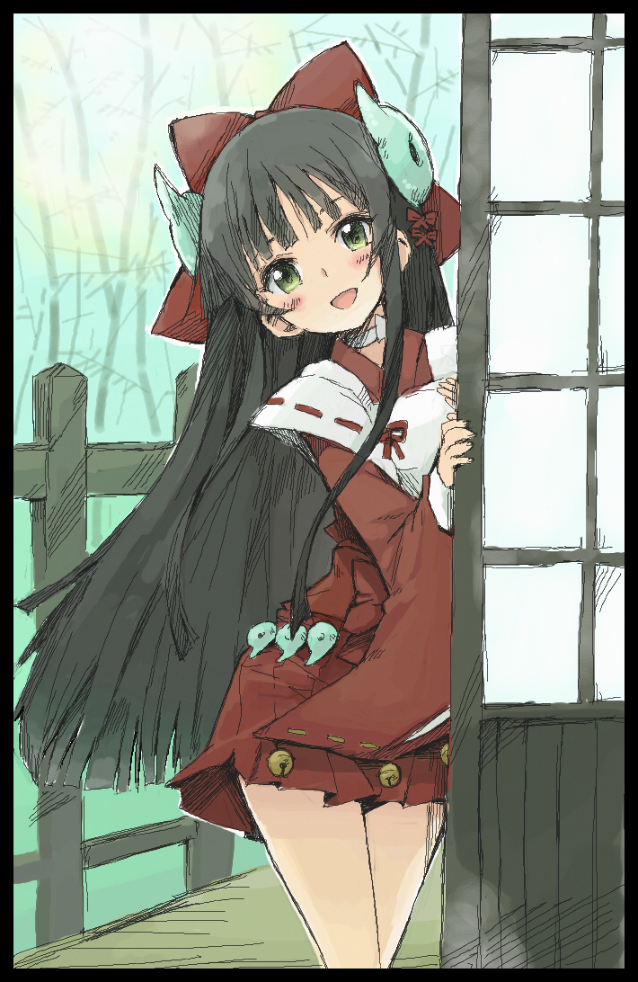 1girl, :d, angelo_(gomahangetsu), bell, black_hair, blush, border, bow, eiyuu_senki, green_eyes, hair_bow, hair_ornament, himiko_(eiyuu_senki), jingle_bell, long_hair, long_sleeves, looking_at_viewer, magatama, open_mouth, outdoors, red_bow, red_skirt, skirt, smile, solo, tree, very_long_hair