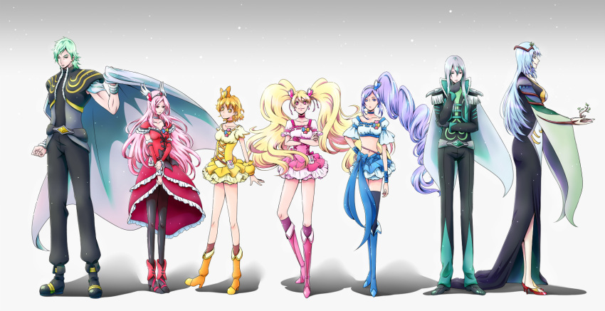 2boys, 5girls, aono_miki, belt, black_legwear, blonde_hair, blue_eyes, blue_hair