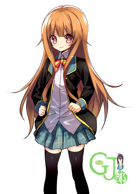 1boy, 1girl, amatsuka_mao, black_legwear, blazer, bowtie, brown_hair, cameo