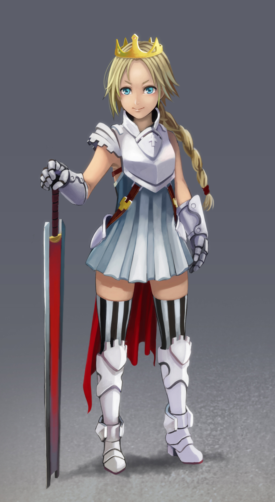1girl, armor, armored_dress, blonde_hair, blue_eyes, braid, crown, elrowa