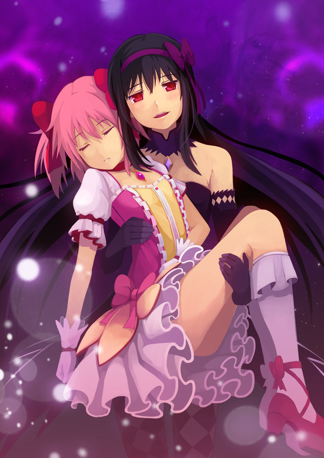 2girls, :d, akemi_homura, akuma_homura, black_hair, bow, carrying, closed_eyes