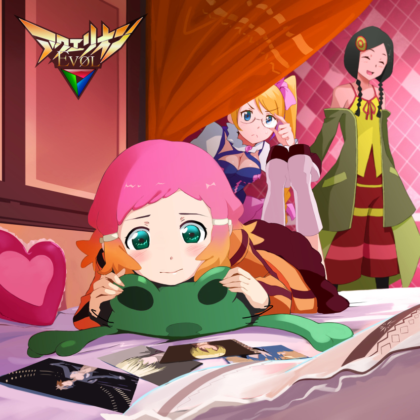 3girls, adjusting_glasses, aquarion_(series), aquarion_evol, bed, black_hair, blonde_hair, blue_eyes