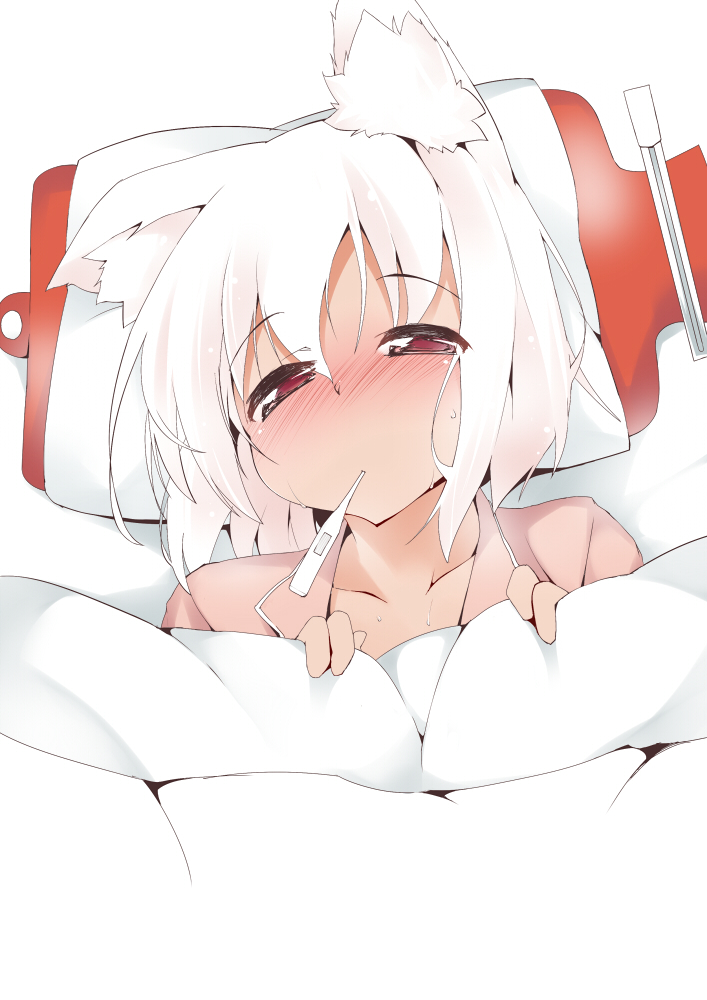 1girl, animal_ears, blanket, blush, collarbone, digital_thermometer, half-closed_eyes, hot_water_bottle, inubashiri_momiji, red_eyes, sick, silver_hair, solo, sweat, tera_zip, touhou, under_covers, wolf_ears