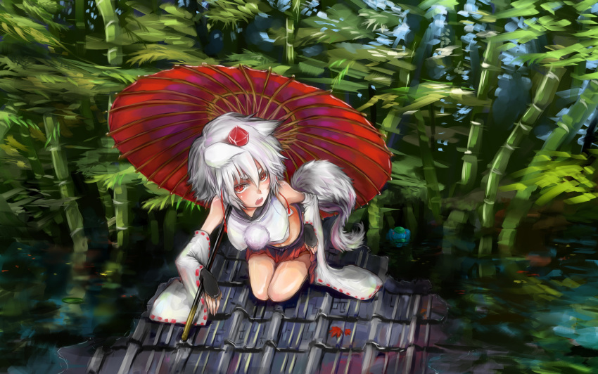 >:o, 2girls, :o, animal_ears, backpack, bag, bamboo, bamboo_forest, bare_legs, black_gloves, blue_hair, blush, body_blush, breasts, bridal_gauntlets, cabbie_hat, crop_top, crop_top_overhang, detached_sleeves, eyebrows, fingerless_gloves, forest, gloves, hair_bobbles, hair_ornament, hat, highres, holding_umbrella, inubashiri_momiji, kawashiro_nitori, kneeling, leaf, leaning_forward, long_sleeves, multiple_girls, nature, navel, oriental_umbrella, partially_submerged, pom_pom_(clothes), purupuru, red_eyes, rooftop, short_hair, silver_hair, skirt, submerged, tail, thick_eyebrows, tile_roof, tokin_hat, touhou, umbrella, water, wide_sleeves, wolf_ears, wolf_tail
