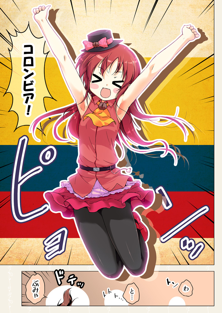 >_<, 1girl, bare_shoulders, brown_hair, colombian_flag, comic, dress, jumping