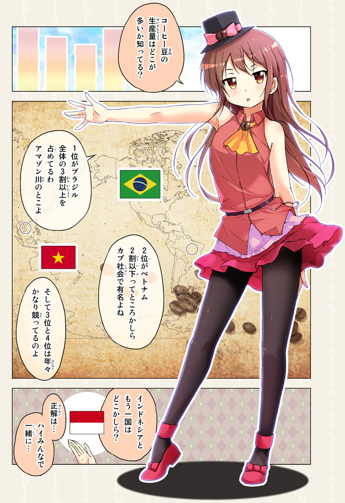 1girl, bare_shoulders, brazilian_flag, brown_hair, comic, dress, indonesian_flag, long_hair