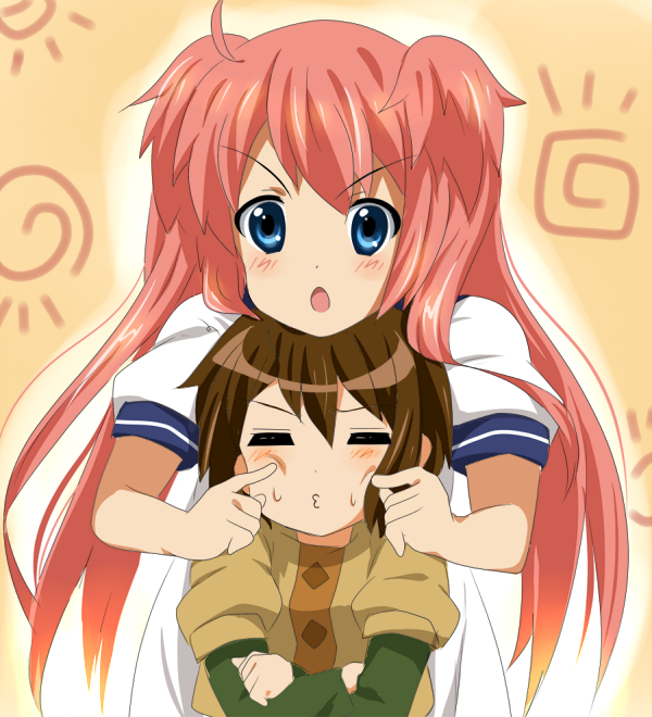 bad_id, blue_eyes, brown_hair, multiple_girls, orange_hair, original, punchiki_(character), sham_fu