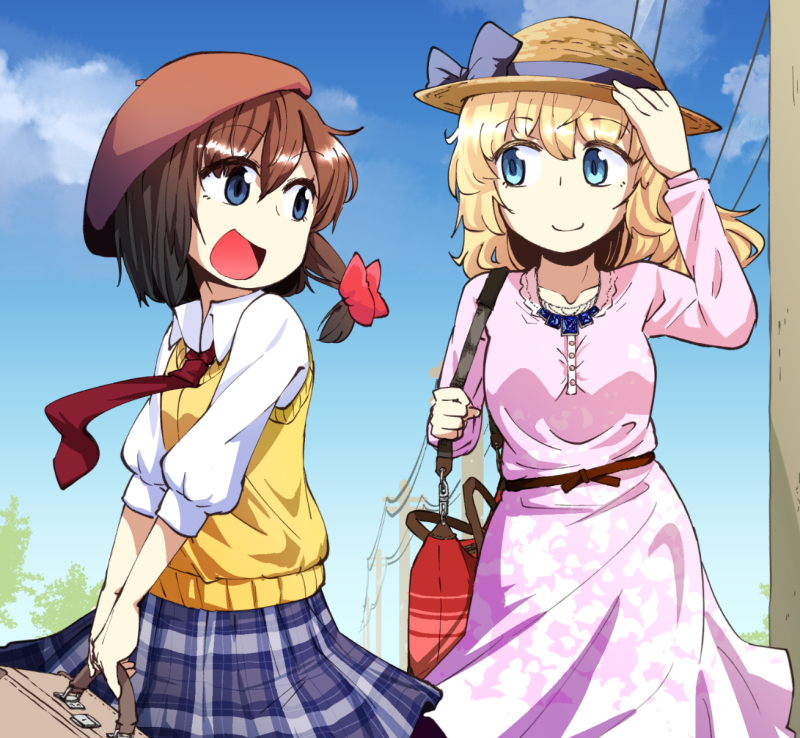2girls, akeno_(akenosora), alternate_costume, bag, blonde_hair, blue_eyes, bow, brown_hair