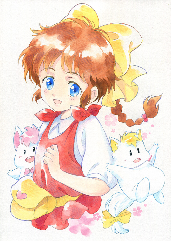 1girl, agahari, bag, blue_eyes, bow, braid, brown_hair, creature